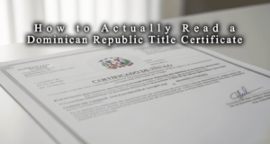 Close-up of a Dominican Republic Certificado de Título property document being reviewed by a buyer