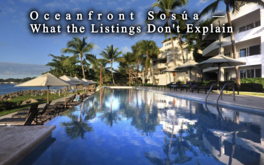 Oceanfront pools and condos at Infiniti Blu gated community near Playa Alicia, Sosúa, Dominican Republic