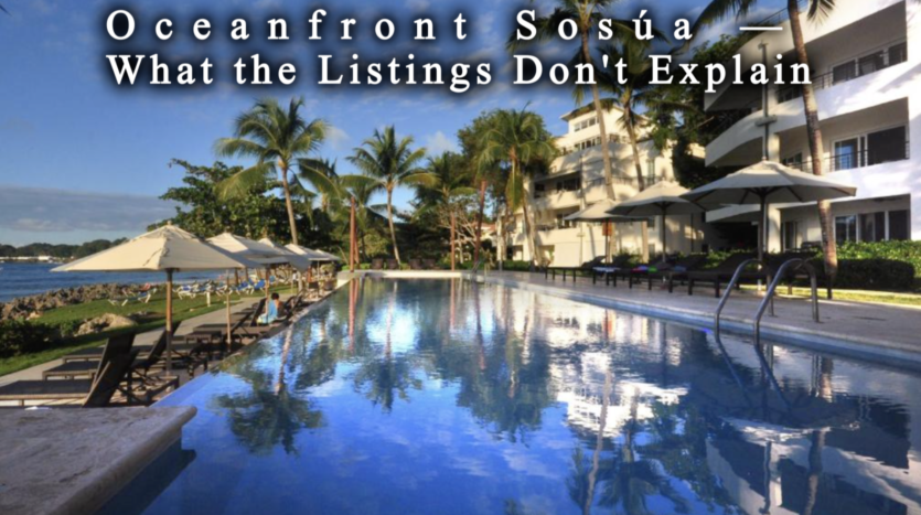 Oceanfront pools and condos at Infiniti Blu gated community near Playa Alicia, Sosúa, Dominican Republic