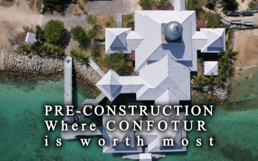 New construction condominium under way on the Dominican North Coast with completed units alongside