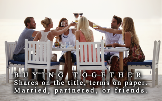 Two couples reviewing a Certificado de Título showing percentage shares for a jointly owned Cabarete villa