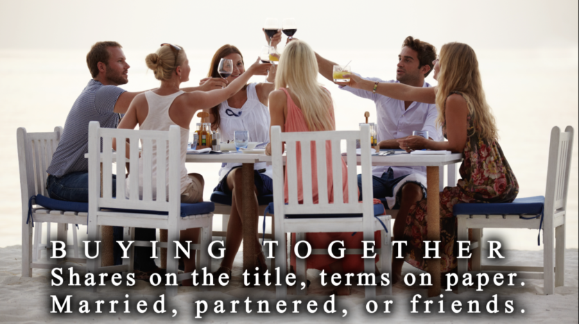 Two couples reviewing a Certificado de Título showing percentage shares for a jointly owned Cabarete villa