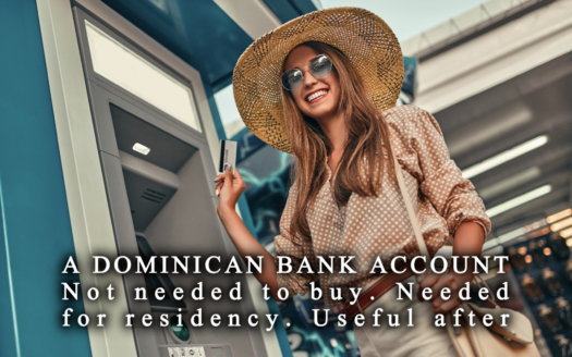Dominican bank branch in Sosúa with a buyer's documents — passport, reference letter, proof of address — on the counter