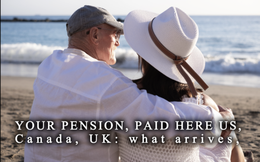 Retired couple on a Sosúa terrace reviewing pension statements from the US, Canada and the UK