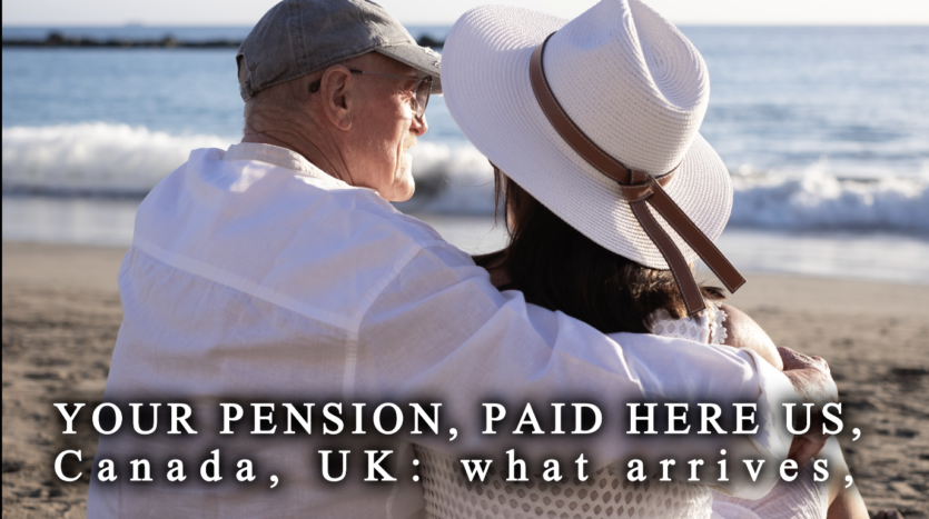 Retired couple on a Sosúa terrace reviewing pension statements from the US, Canada and the UK